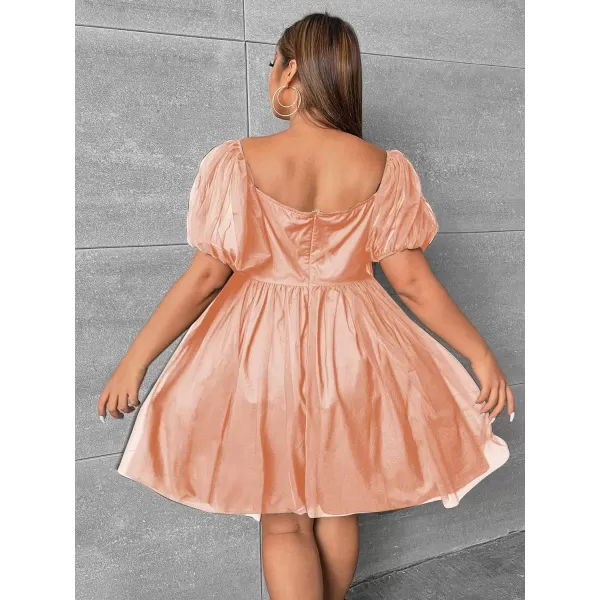 WDIRARA Women's Plus Size Mesh Puff Sleeve Square Neck Ruffle Hem Solid A Line Short Dress