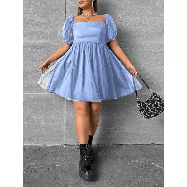 WDIRARA Women's Plus Size Mesh Puff Sleeve Square Neck Ruffle Hem Solid A Line Short Dress