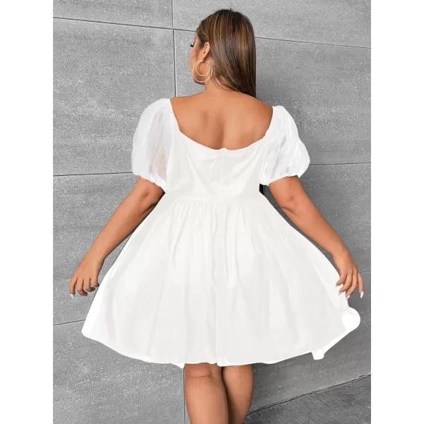 WDIRARA Women's Plus Size Mesh Puff Sleeve Square Neck Ruffle Hem Solid A Line Short Dress