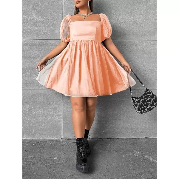 WDIRARA Women's Plus Size Mesh Puff Sleeve Square Neck Ruffle Hem Solid A Line Short Dress