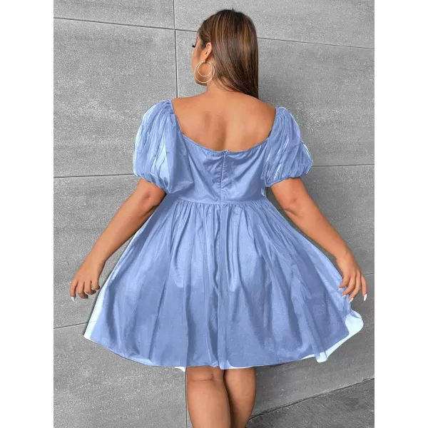 WDIRARA Women's Plus Size Mesh Puff Sleeve Square Neck Ruffle Hem Solid A Line Short Dress