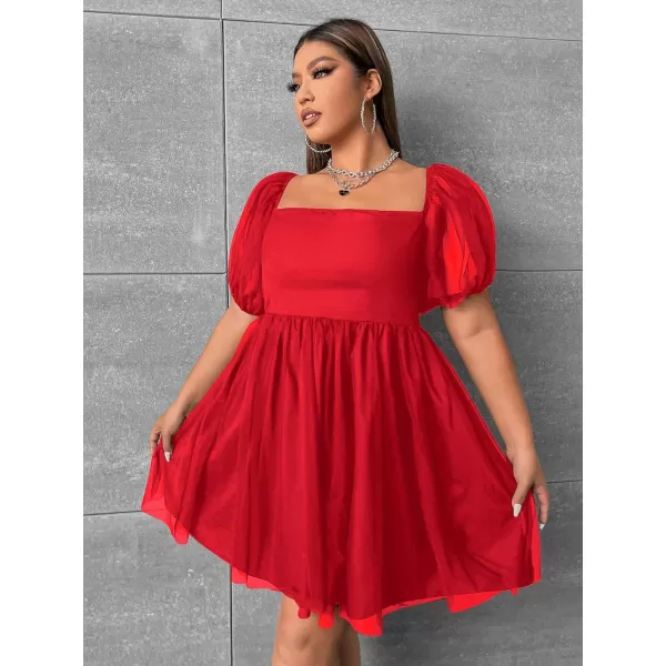 WDIRARA Women's Plus Size Mesh Puff Sleeve Square Neck Ruffle Hem Solid A Line Short Dress