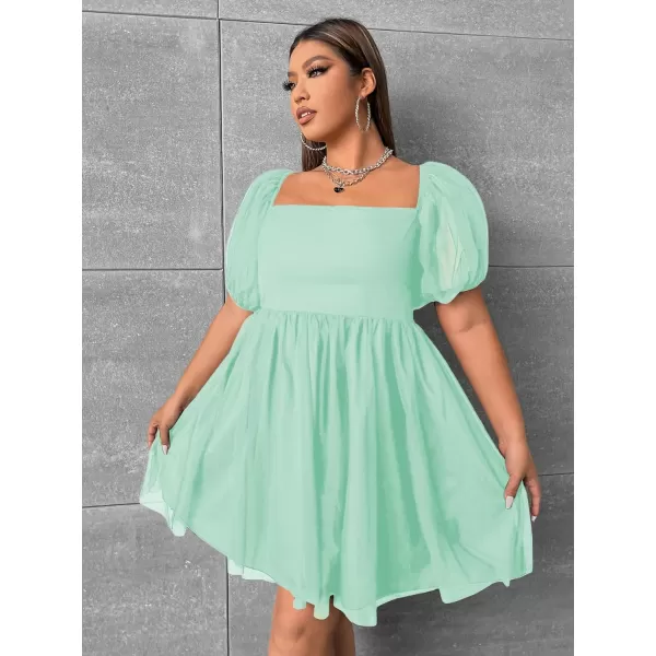 WDIRARA Women's Plus Size Mesh Puff Sleeve Square Neck Ruffle Hem Solid A Line Short Dress