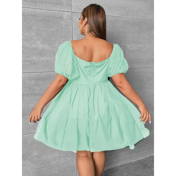 WDIRARA Women's Plus Size Mesh Puff Sleeve Square Neck Ruffle Hem Solid A Line Short Dress
