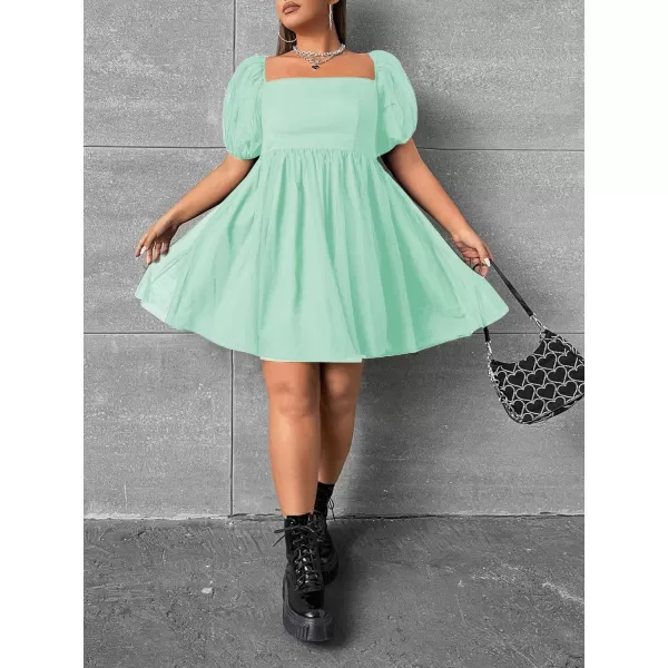 WDIRARA Women's Plus Size Mesh Puff Sleeve Square Neck Ruffle Hem Solid A Line Short Dress