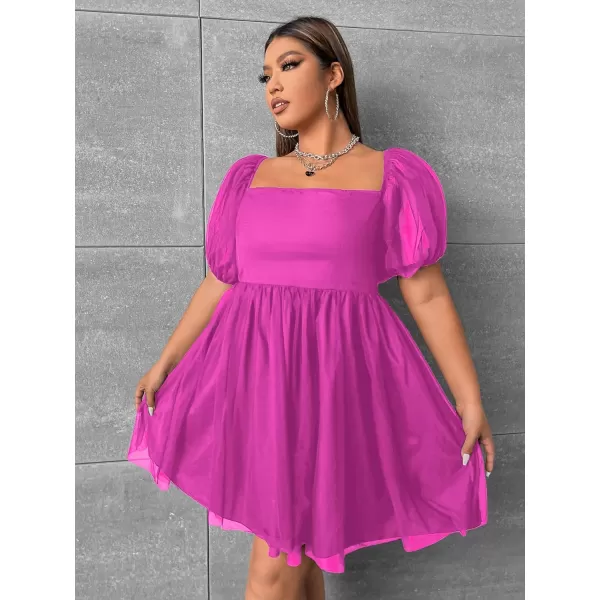 WDIRARA Women's Plus Size Mesh Puff Sleeve Square Neck Ruffle Hem Solid A Line Short Dress