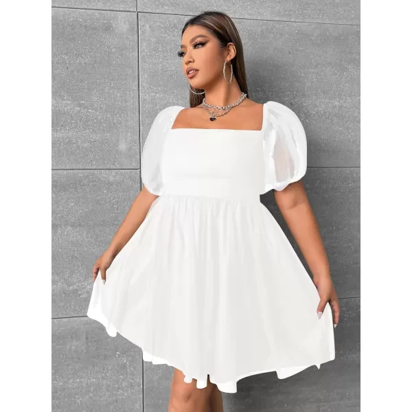 WDIRARA Women's Plus Size Mesh Puff Sleeve Square Neck Ruffle Hem Solid A Line Short Dress