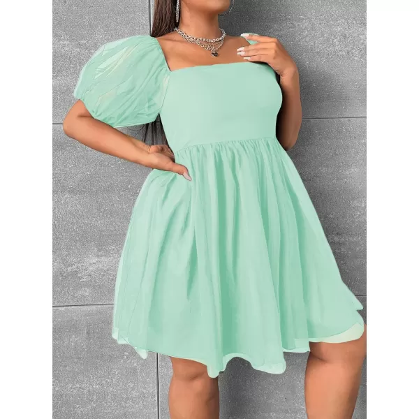 WDIRARA Women's Plus Size Mesh Puff Sleeve Square Neck Ruffle Hem Solid A Line Short Dress
