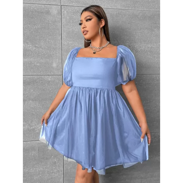 WDIRARA Women's Plus Size Mesh Puff Sleeve Square Neck Ruffle Hem Solid A Line Short Dress