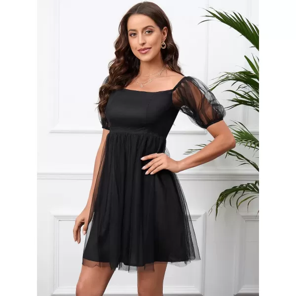 WDIRARA Women's Plus Size Mesh Puff Sleeve Square Neck Ruffle Hem Solid A Line Short Dress