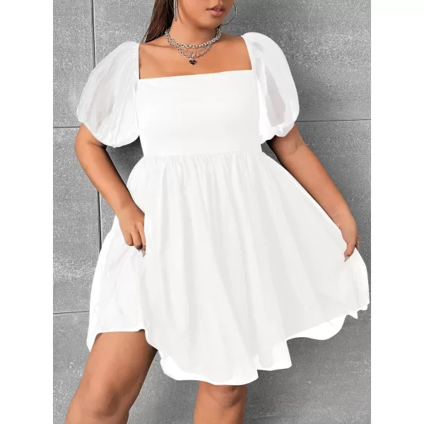 WDIRARA Women's Plus Size Mesh Puff Sleeve Square Neck Ruffle Hem Solid A Line Short Dress