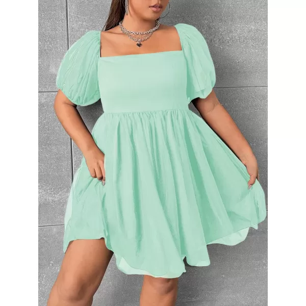 WDIRARA Women's Plus Size Mesh Puff Sleeve Square Neck Ruffle Hem Solid A Line Short Dress