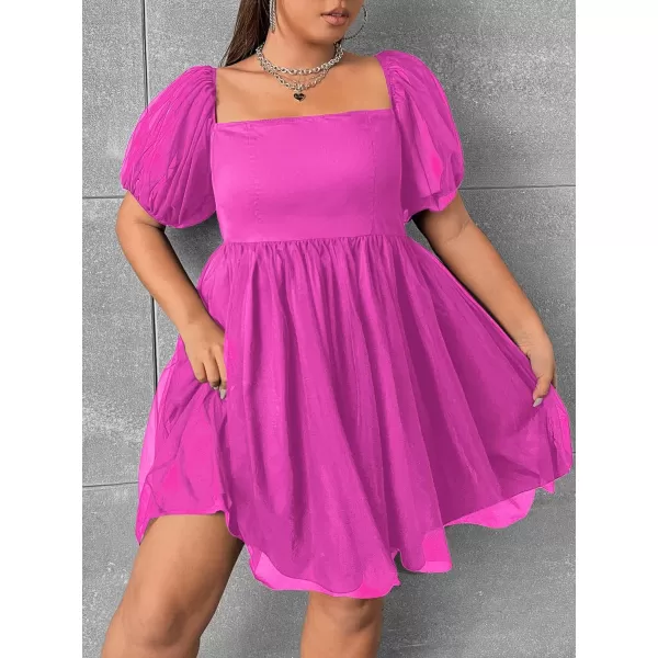 WDIRARA Women's Plus Size Mesh Puff Sleeve Square Neck Ruffle Hem Solid A Line Short Dress