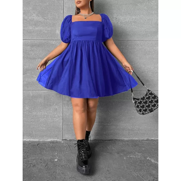 WDIRARA Women's Plus Size Mesh Puff Sleeve Square Neck Ruffle Hem Solid A Line Short Dress