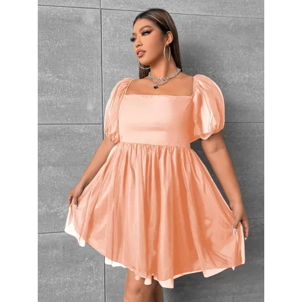 WDIRARA Women's Plus Size Mesh Puff Sleeve Square Neck Ruffle Hem Solid A Line Short Dress