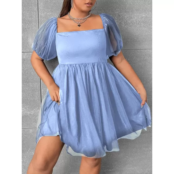 WDIRARA Women's Plus Size Mesh Puff Sleeve Square Neck Ruffle Hem Solid A Line Short Dress