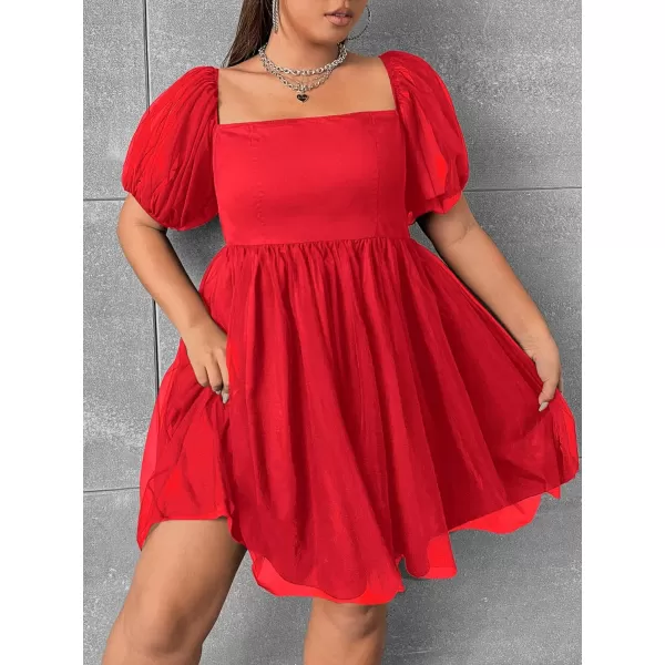 WDIRARA Women's Plus Size Mesh Puff Sleeve Square Neck Ruffle Hem Solid A Line Short Dress
