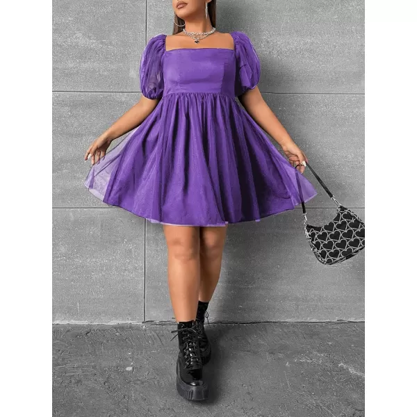 WDIRARA Women's Plus Size Mesh Puff Sleeve Square Neck Ruffle Hem Solid A Line Short Dress