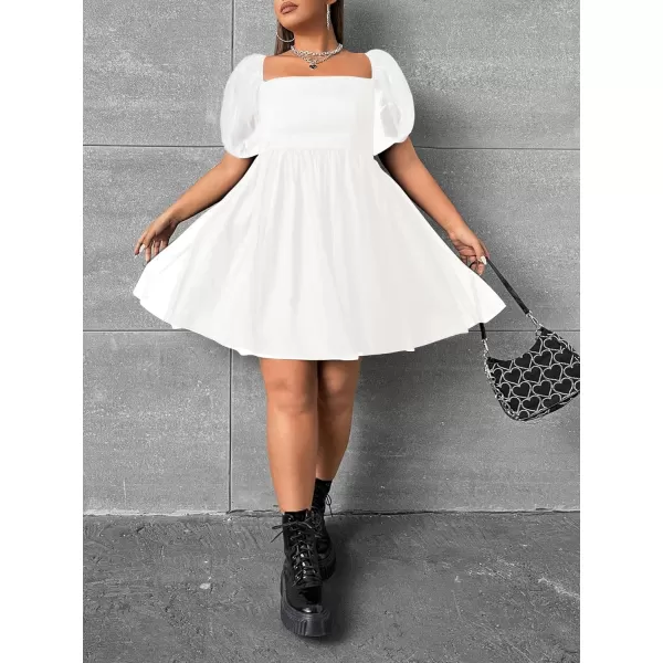 WDIRARA Women's Plus Size Mesh Puff Sleeve Square Neck Ruffle Hem Solid A Line Short Dress