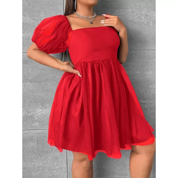 WDIRARA Women's Plus Size Mesh Puff Sleeve Square Neck Ruffle Hem Solid A Line Short Dress