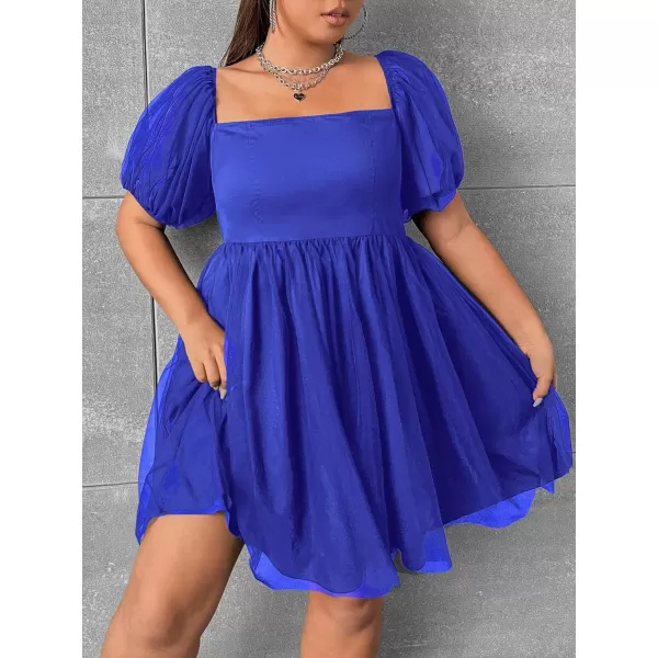 WDIRARA Women's Plus Size Mesh Puff Sleeve Square Neck Ruffle Hem Solid A Line Short Dress