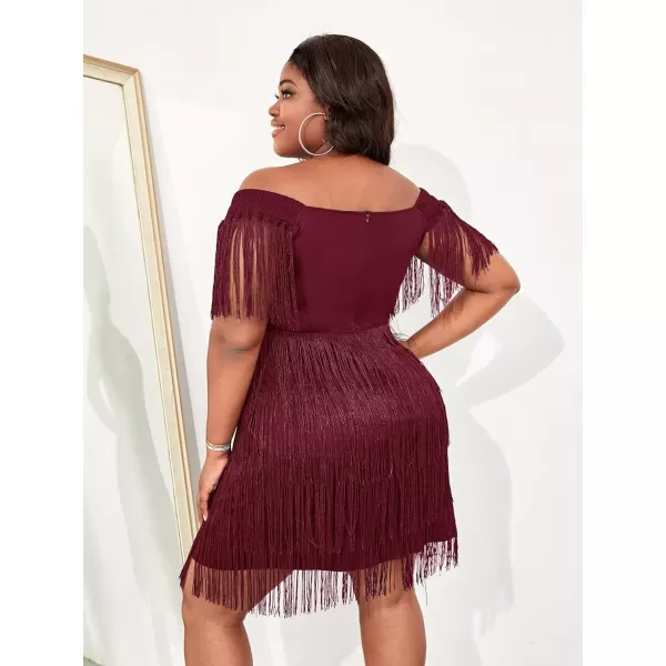 WDIRARA Women's Plus Size Off Shoulder Fringe Hem High Rise Bodycon Party Dress