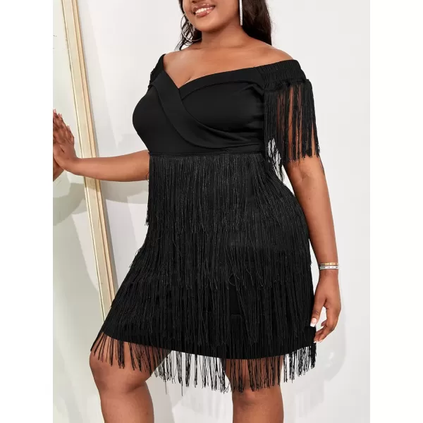 WDIRARA Women's Plus Size Off Shoulder Fringe Hem High Rise Bodycon Party Dress