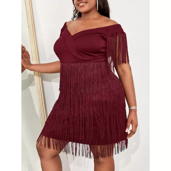 WDIRARA Women's Plus Size Off Shoulder Fringe Hem High Rise Bodycon Party Dress