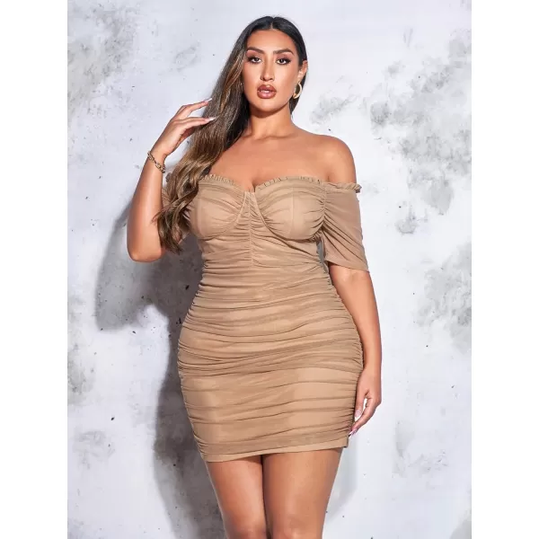 WDIRARA Women's Plus Size Off Shoulder Ruched Mesh Frill Tummy Control Knitted Pencil Bodycon Mini Dress