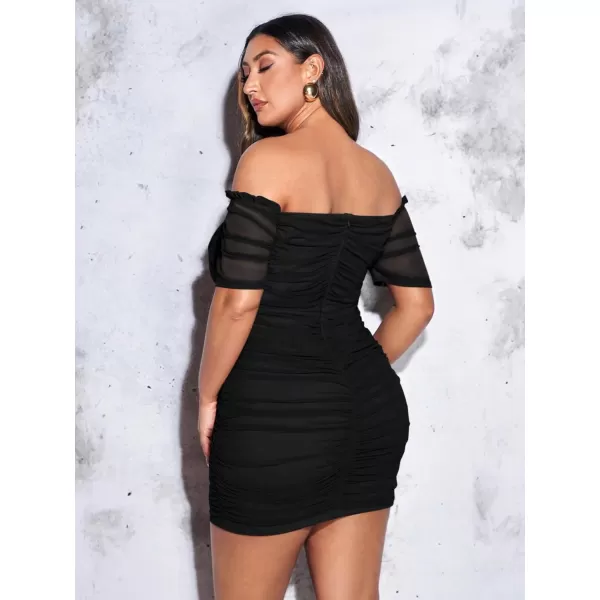 WDIRARA Women's Plus Size Off Shoulder Ruched Mesh Frill Tummy Control Knitted Pencil Bodycon Mini Dress