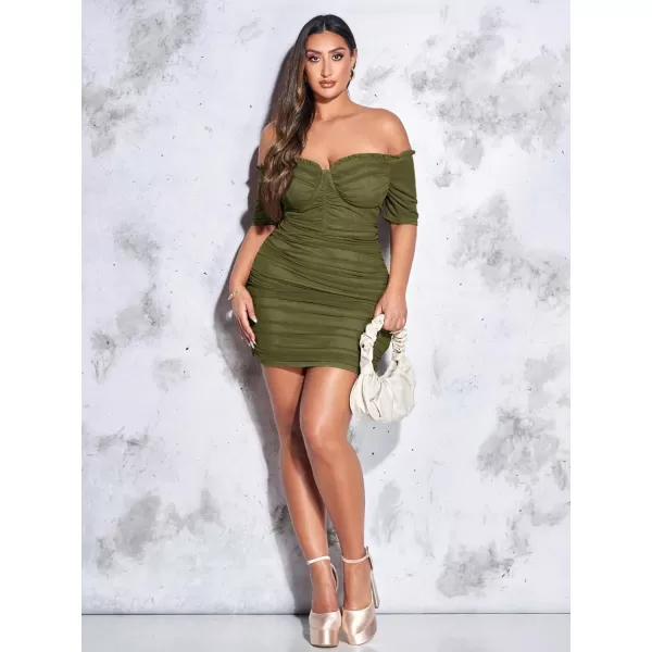 WDIRARA Women's Plus Size Off Shoulder Ruched Mesh Frill Tummy Control Knitted Pencil Bodycon Mini Dress
