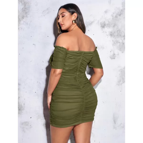 WDIRARA Women's Plus Size Off Shoulder Ruched Mesh Frill Tummy Control Knitted Pencil Bodycon Mini Dress
