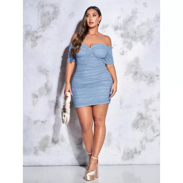 WDIRARA Women's Plus Size Off Shoulder Ruched Mesh Frill Tummy Control Knitted Pencil Bodycon Mini Dress