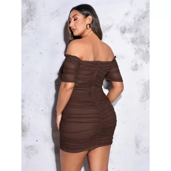WDIRARA Women's Plus Size Off Shoulder Ruched Mesh Frill Tummy Control Knitted Pencil Bodycon Mini Dress
