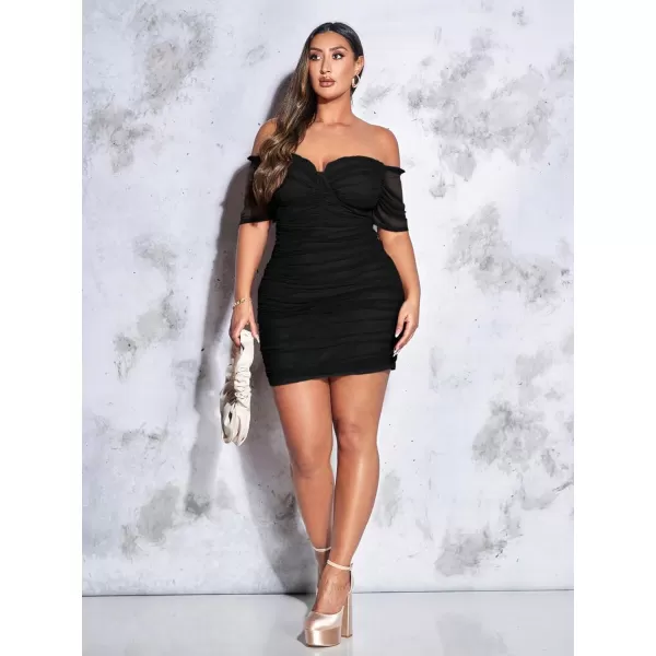 WDIRARA Women's Plus Size Off Shoulder Ruched Mesh Frill Tummy Control Knitted Pencil Bodycon Mini Dress