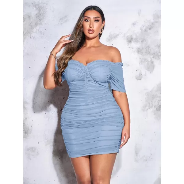 WDIRARA Women's Plus Size Off Shoulder Ruched Mesh Frill Tummy Control Knitted Pencil Bodycon Mini Dress