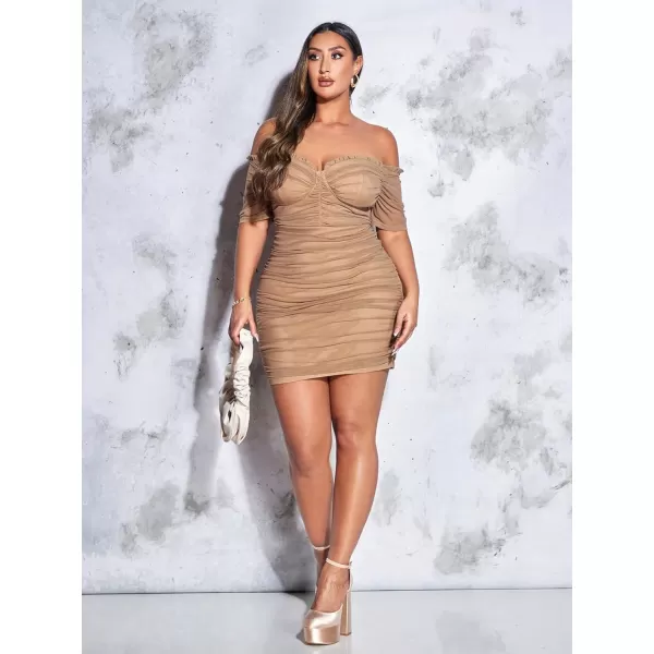 WDIRARA Women's Plus Size Off Shoulder Ruched Mesh Frill Tummy Control Knitted Pencil Bodycon Mini Dress