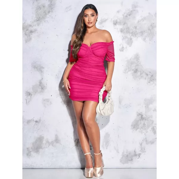 WDIRARA Women's Plus Size Off Shoulder Ruched Mesh Frill Tummy Control Knitted Pencil Bodycon Mini Dress
