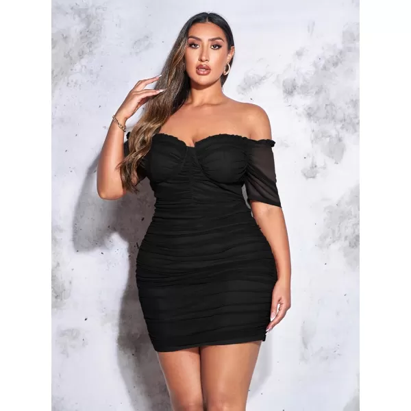 WDIRARA Women's Plus Size Off Shoulder Ruched Mesh Frill Tummy Control Knitted Pencil Bodycon Mini Dress