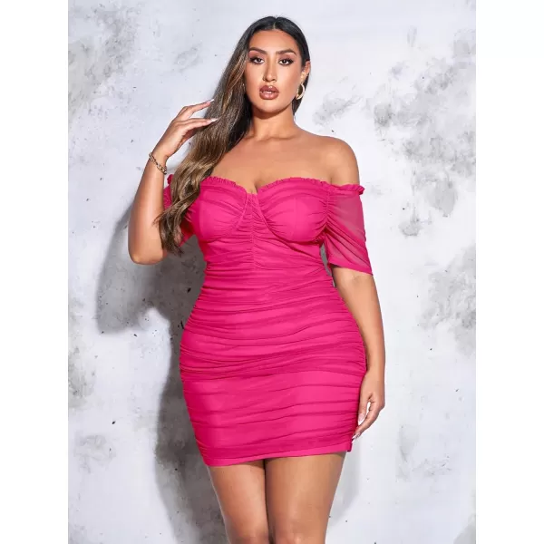 WDIRARA Women's Plus Size Off Shoulder Ruched Mesh Frill Tummy Control Knitted Pencil Bodycon Mini Dress