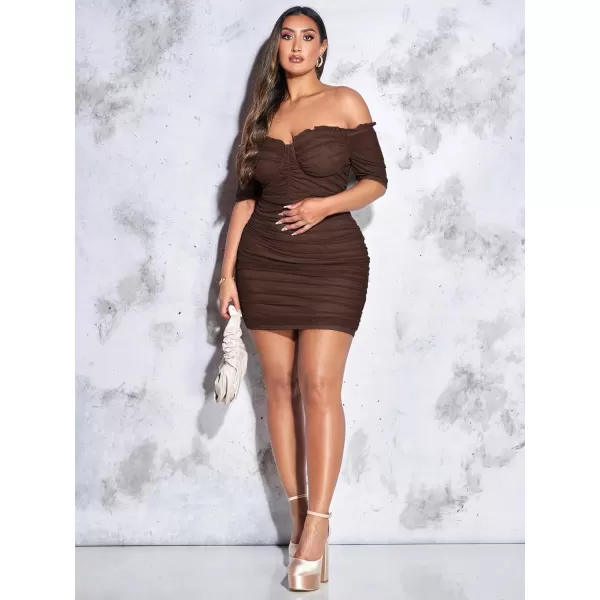 WDIRARA Women's Plus Size Off Shoulder Ruched Mesh Frill Tummy Control Knitted Pencil Bodycon Mini Dress
