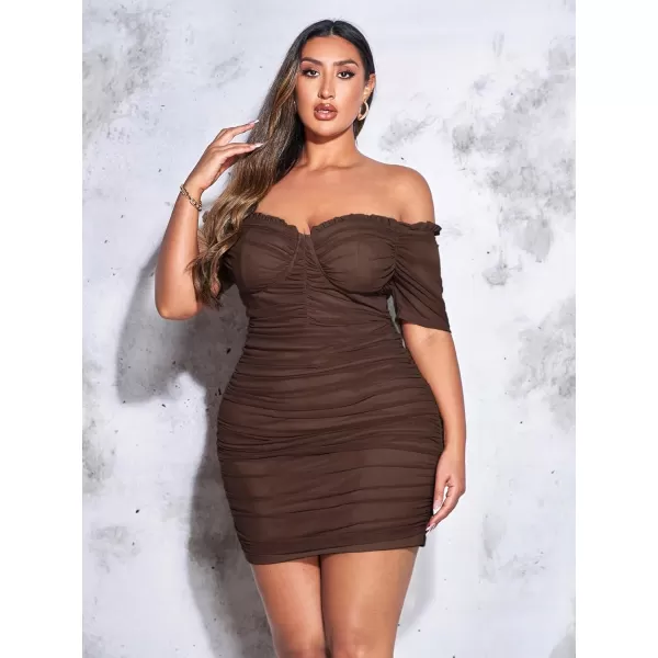WDIRARA Women's Plus Size Off Shoulder Ruched Mesh Frill Tummy Control Knitted Pencil Bodycon Mini Dress