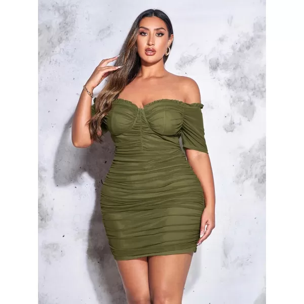 WDIRARA Women's Plus Size Off Shoulder Ruched Mesh Frill Tummy Control Knitted Pencil Bodycon Mini Dress