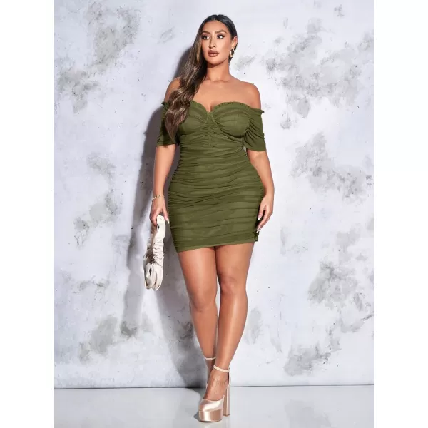 WDIRARA Women's Plus Size Off Shoulder Ruched Mesh Frill Tummy Control Knitted Pencil Bodycon Mini Dress