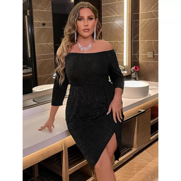 WDIRARA Women's Plus Size Off The Shoulder 3/4 Sleeve Wrap Hem Cocktail Party Glitter Dress