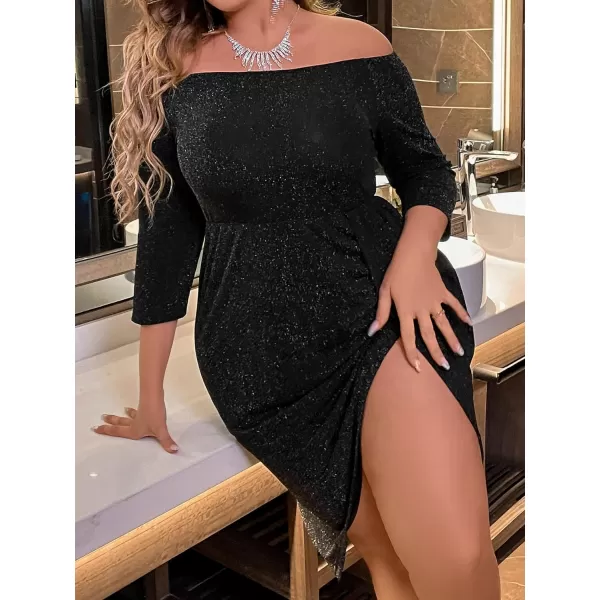 WDIRARA Women's Plus Size Off The Shoulder 3/4 Sleeve Wrap Hem Cocktail Party Glitter Dress
