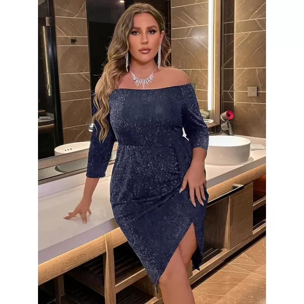 WDIRARA Women's Plus Size Off The Shoulder 3/4 Sleeve Wrap Hem Cocktail Party Glitter Dress