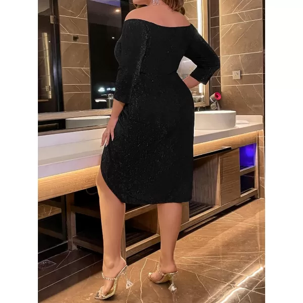 WDIRARA Women's Plus Size Off The Shoulder 3/4 Sleeve Wrap Hem Cocktail Party Glitter Dress