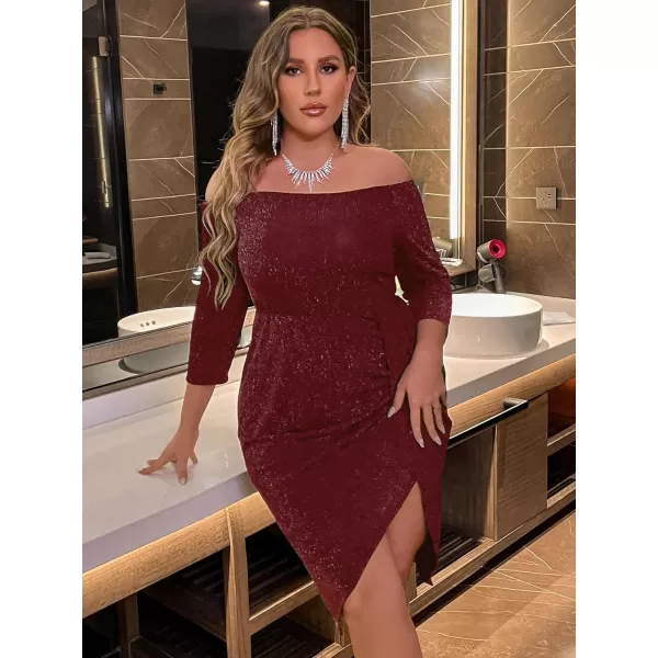 WDIRARA Women's Plus Size Off The Shoulder 3/4 Sleeve Wrap Hem Cocktail Party Glitter Dress