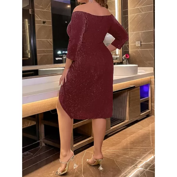 WDIRARA Women's Plus Size Off The Shoulder 3/4 Sleeve Wrap Hem Cocktail Party Glitter Dress